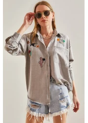 Bianco Lucci Women's Embroidered Linen Shirt