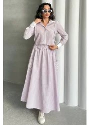MD trend Women's Striped Hooded Shirt Skirt Double Set