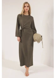 Trendyol Modest فستان منسوج بمظهر الكتان الكاكي TCTSS25EB00129