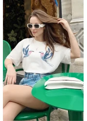 Bianco Lucci Women's Bird Patterned Combed Cotton Tshirt