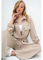 Trend Alaçatı Stili Beige Double Pocket Safari Jacket and Crepe Bottom Top Set with Wide Leg Pants with Elastic Waist Alc-X14086