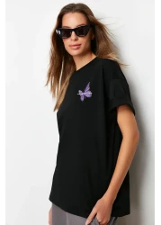 Trendyol Collection Black 100% Cotton Front and Back Butterfly Printed Oversize/Wide Pattern Knitted T-Shirt TWOSS23TS00188