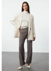 Trendyol Collection High Waist Anthracite Straight Cut Trousers with Ribbed Detail - TWOSS21PL0093