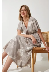 Happiness İstanbul Women's Stone Tropical Patterned Summer Raw Linen Dress BP00156