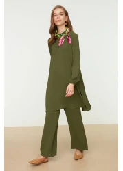 Trendyol Modest Khaki Elastic Sleeve Wide Leg Aerobin Tunic-Pants Woven Set TCTSS22US0023