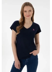 U.S. Polo Assn. تي شيرت نسائي أساسي برقبة على شكل حرف V باللون الأزرق الداكن 50305825 -vr033
