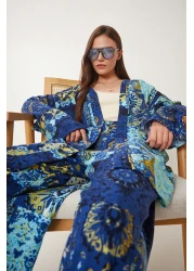 Happiness İstanbul Women's Navy Blue Yellow Patterned Viscose Kimono Pants Set Je00002