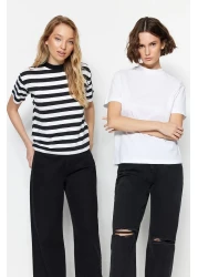 Trendyol Collection White-Black and White Striped 2-Pack Basic Stand-Up Collar Knitted T-Shirt TWOSS20TS1500