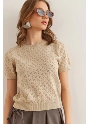 Olalook Women's Stone Diamond Patterned Openwork Short Sleeve Knitwear Blouse Blz- 19002883