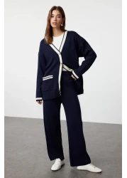 Trendyol Modest Navy Blue Knitwear Cardigan and Trousers Set with Gold Buttons and Pockets - TCTAW24US00107