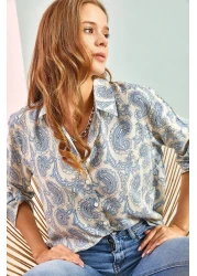 Bianco Lucci Women's Multi Leaf Patterned Sleeve Folded Viscose Shirt
