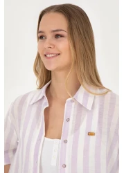 U.S. Polo Assn. قميص نسائي ذو مظهر كتان أرجواني - كم طويل50288408-VR034