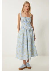 Happiness İstanbul Women Blue Yellow Floral Pattern Summer Midi Poplin Dress Ub00353