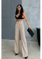 Ortaya Çık Beige Pleated Fabric Palazzo Trousers