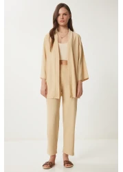 Happiness İstanbul Women's Cream Kimono Trousers Knitted Set BY00050