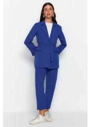 Trendyol Modest Blue Lacing Detailed Lined Crepe Jacket-Pants Woven Bottom-Top Suit TCTSS23US00044