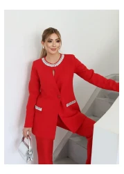 1Moda1Tarz Women's Imported Fabric Stone Embroidered Collar and Button Detailed Lined Jacket Pants Design Set