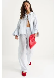 Bianco Lucci Women's Lacing Detailed Large Cuffed Striped Summer Cotton Bottom-Top Suit 36471 60283357