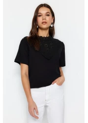 Trendyol Collection Black Brodeled Stand Collar Basic Regular/Normal Fit Cotton Knitted Blouse Twoss23Bz00879