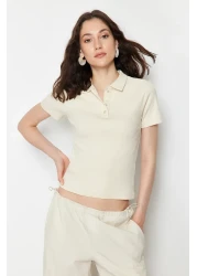 Trendyol Collection Beige Polo Neck Buttoned Short Sleeve Stretchy Ribbed Knitted Blouse TWOSS24BZ00111