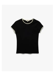 Koton Cotton Contrast Detailed Short Sleeve Crew Neck T-Shirt