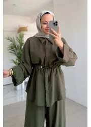 Ka Hijab بدلة بتفاصيل رباط مريح - كاكي