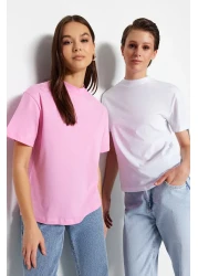 Trendyol Collection تي شيرت منسوج بياقة واقفة أساسي من القطن بنسبة 100% مكون من قطعتين باللون الوردي والأبيض TWOSS20TS1500