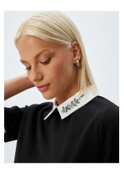 Koton Jewelled Shirt Collar T-Shirt Short Sleeve Cotton Crepe Scuba Fabric