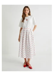 Koton Tuba Unusal - Cotton Short Sleeve T-Shirt, Cherry Embroidery Detail, Crew Neck
