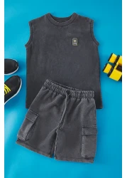 TRENDYOLKIDS Boy's Anthracite Cotton Tank Top Shorts Set - Antique/Slat Effect Tkdss25Au00026