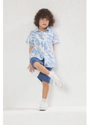 TRENDYOLKIDS الأزرق الذكور الطفل القطن الاستوائية المطبوعة المنسوجة قميص السراويل أسفل أعلى دعوى TKDSS25AU00035