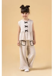 Magu Girl's Linen Beige Bow Flounce Long Pants Double Set