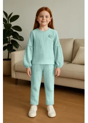 TRENDYOLKIDS Mint Girl's Rose Appliqued Sweatshirt and Sweatpants Set - Tkdaw25Au00023