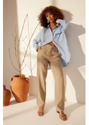 Trendyol Collection Mink 100% Linen High Waist Wide Leg Trousers TWOSS24JE00246
