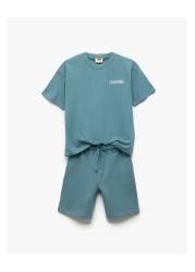 Koton Cotton Crew Neck Short Sleeve Embroidered Top with Lace-Up Waist Shorts Set of Two
