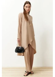 Trendyol Modest Beige Asymmetrical Woven Tunic Trousers Top and Bottom Set TCTSS24US00074