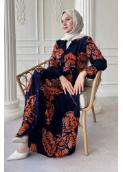 InStyle فستان من الفسكوز البرتقالي بنمط أوراق مموجة