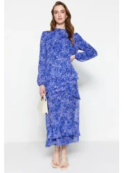 Trendyol Modest تنورة زهرية زرقاء - فستان من الشيفون المنسوج مع بطانة مكشكشة TCTSS23EB00160