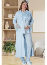 Mecit Pijama طقم بيجامة للحوامل باللون الأزرق من Mecit 5416 مع ثوب طويل