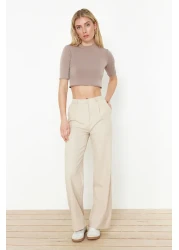 Trendyol Collection بنطال منسوج باللون البيج واسع الساق/واسع الساق TWOSS24PL00084