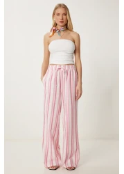 Happiness İstanbul Women's Pink Striped Summer Loose Linen Trousers Dp00247