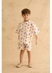 Fahhar Kids Zigzag Zoo Shirt Suit Ecru
