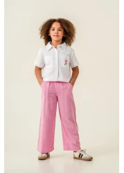 Magu Girls Linen White Embroidery Detailed Shirt and Pink Pants Set - Stylish and Comfortable