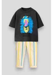 Magu Boys' Cotton Black Lion Printed T-Shirt and Striped Pants Set
