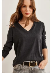 Olalook Black V-Neck Viscose Women's Blouse - Blz- 19002729