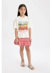 Defacto Girl's 2 Piece Set Crew Neck Printed Short Sleeve T-Shirt Floral Skirt C5356A824Hs