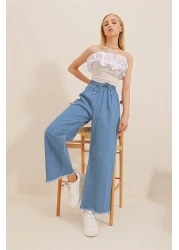 Trend Alaçatı Stili Women's Dark Blue Tasseled High Waist Palazzo Jean Trousers ALC-X8930