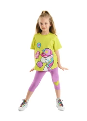 Denokids Unicorn Patterned Girl's Summer T-shirt and Lilac Leggings Set