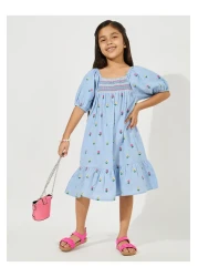 Styli Embroidered Detail A-Line Dress with Puff Sleeve