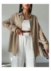 Laluvia Milk Coffee Oversize Off Shoulder Linen Shirt